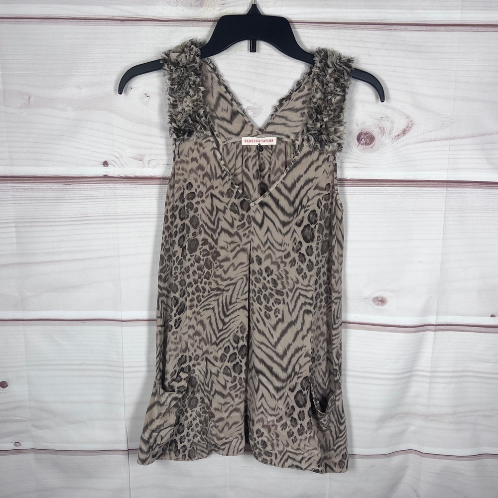 Rebecca Taylor Silk Tank Top Women Size 2 Brown Animal Print V-Neck Tunic Pocket